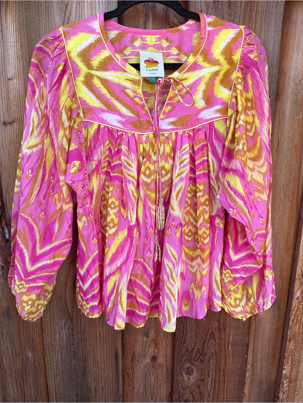 FARM Rio Pink and Yellow Ikat Peasant Blouse